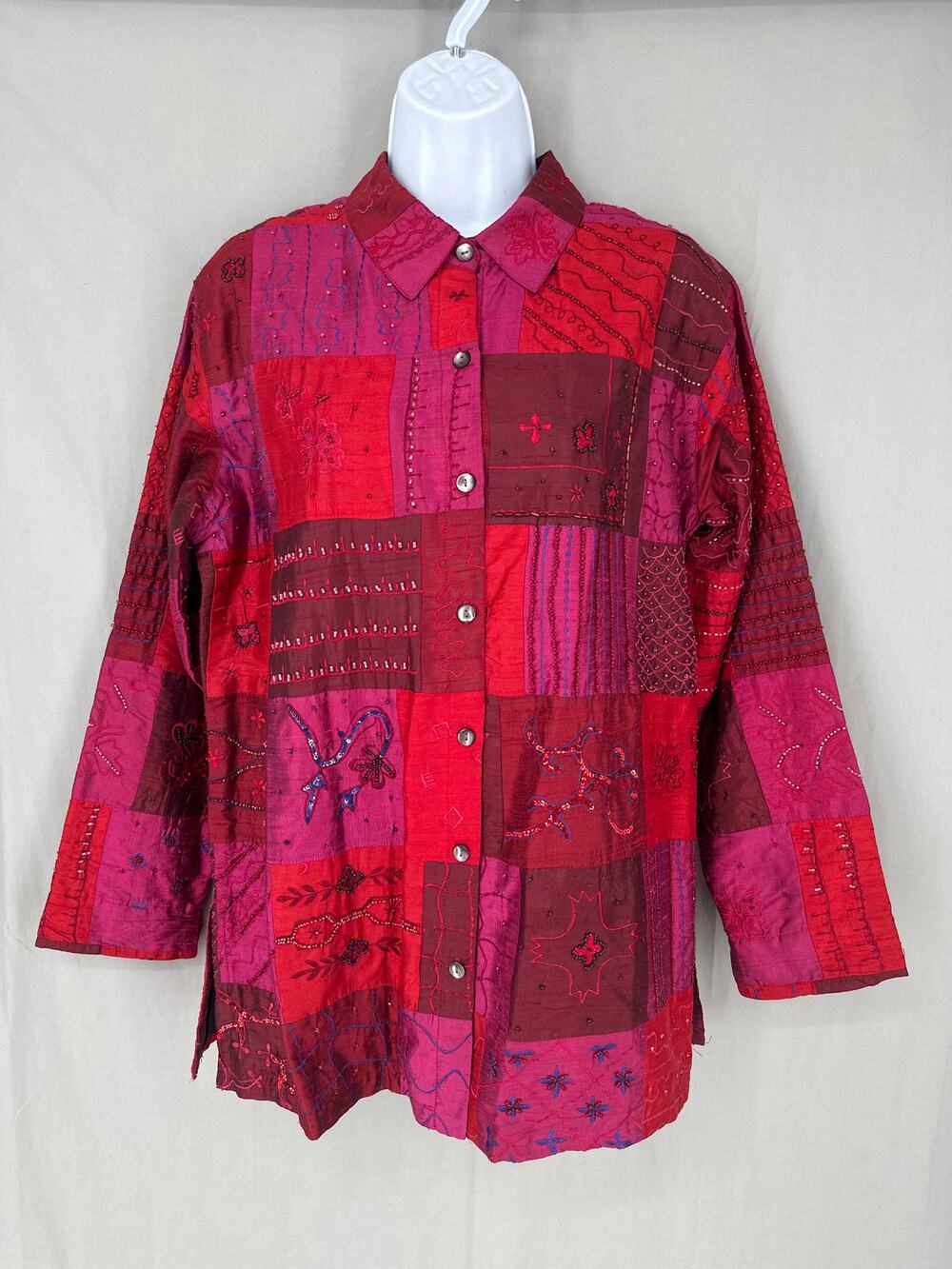 90s Vintage Jacket Womens Medium Pink Satin Patchwork Silk Beaded Boho Cottage